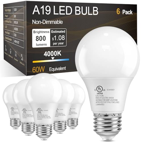 TJOY A19 LED Light Bulbs 4000K Cool Neutral White 60W Eq E26 Standard Base