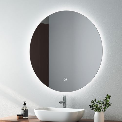 EMKE Round Bathroom Mirror with Led Lights, 800mm Wall Mounted Vanity Mirror with Touch, Demister and Memory Dimmable, Illuminated Bathroom Mirror with Cool White Light