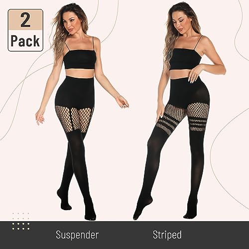MANZI Womens Faux Thigh High Fishnet Stockings Stitching Opaque Pantyhose Mock Over the Knee Goth Striped Suspender Tights