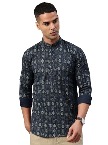 Image of Majestic Man Men's Pure Cotton Printed Mandarin Collar Regular Fit Roll-Up Sleeves Short Kurta
