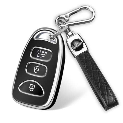 QBUC for Hyundai Key Fob Cover with KeychainCompatible with Hyundai Elantra Sonata Accent Tucson Kia Forte Optima Rondo Sorento Spectra Genesis 4 Buttons Old Smart Key (Black Silver edge)