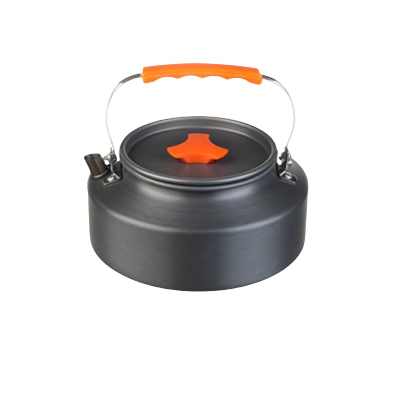 Camping Kettle with Orange Handle, Portable Outdoor Tea Pot, Black (1.1L kettle)