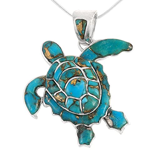 Turquoise Network Turtle Pendant Necklace in Sterling Silver 925 & Genuine Gemstones