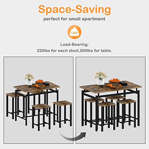Basenji Dining Table Set For 4, 5 Piece Kitchen Table And Chairs Bar Table And Chairs Set Space Saving For Pub Breakfast (Distressed Brown) #TOP4