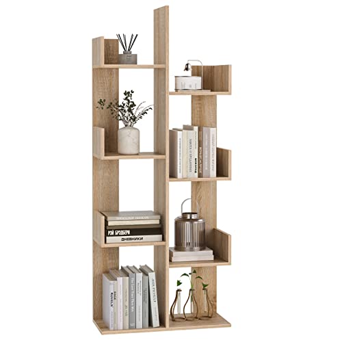 FirFurd Bibliothèque Arbre Étagère de Rangement à 8 Compartiments Etagere pour Livre CD DVD en Bois Bibliotheque pour Salon Chambre 64x27 x156CM Chêne