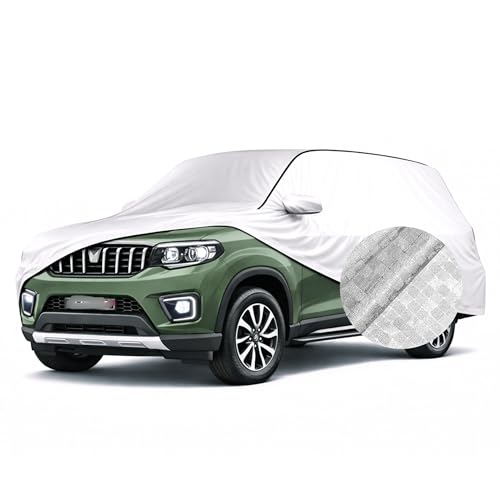 Image of SEAZEN Waterproof Car Cover for Mahindra Scorpio N | Dustproof, UV & Scratch Resistant Soft Cotton Lining | Triple Stitched, Mirror Pockets & Elastic Hem | Metallic Silver with Black Piping