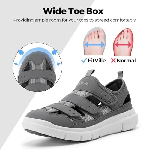 FitVille Wide Open Diabetische Sandalen Heren Orthopedische Schoenen met Velcro Verstelbare Bandage Schoenen, Zwart, 49 EU Breed