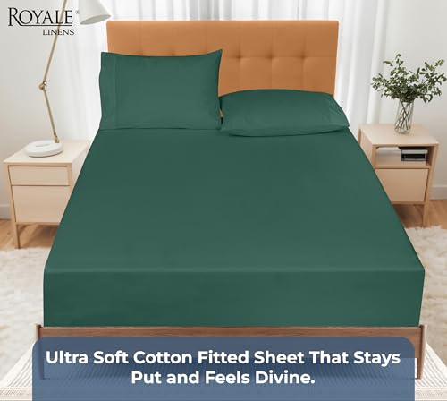 Image of Royale Linens 100% Organic Cotton Fitted Sheet - Percale Weave - Super Soft Deep Pocket Bottom Sheets - Elastic Sheet Twin XL Size - Twin XL Fitted Sheets Only - (39 inchx80 inch+15 inch, Hunter Green)