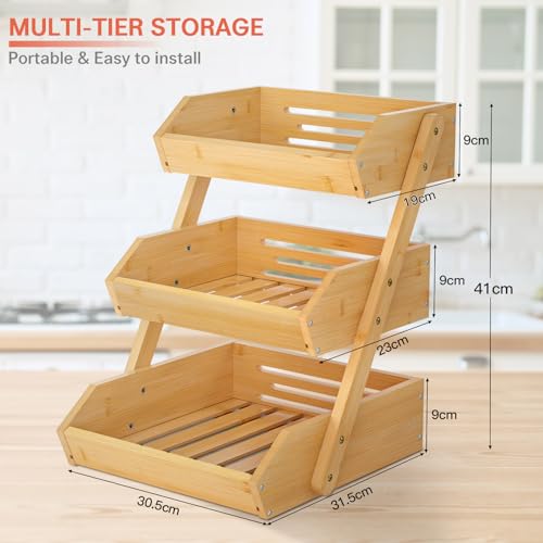 Image of G.a HOMEFAVOR Large Bamboo Fruit Basket, 3-Tier Fruit Bowl for Kitchen Counter, Vegetable Storage Stand for Fruit Shop, 15 mm Thickness (Self-assembly)