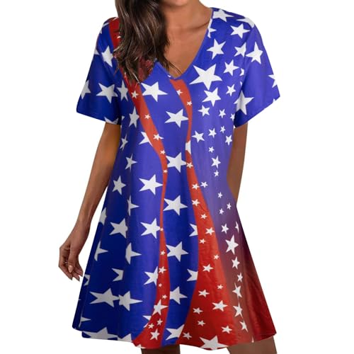 Image of LUKYCILD American Flag Dress Women 4th of July Patriotic Shirt USA Stars Stripes Dresses Sexy V- Neck Summer Sundress