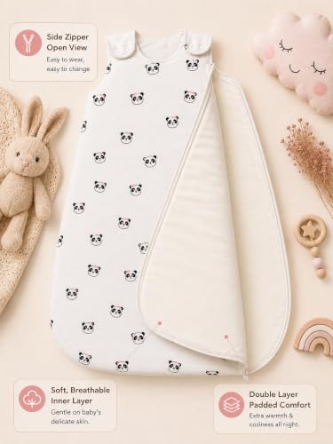 Image of TuddyBuddy Baby Cotton Wearable Quilted Sleeping Bag Blanket 1.5 Tog with 1 Way Zipper Closure | Ideal for Babies & Kids Hypoallergenic Fabrics | (Panda with Hair Bow - Off White, 12-18 Months)