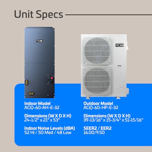 Image of ACiQ Essentials 5 Ton 16 SEER2 Central Inverter Heat Pump Split System with 15kW Back-up Heat Kit & 30' Install Kit - R32 | 60000 BTU, High Efficiency, Multi-Positional, AC /Heating