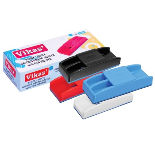 Image of Vikas White & Black Board Duster | Red, Black, Blue, White Color Options | Strong Plastic Eraser for Classroom, Office & Home Use | Easy Grip & Smooth Cleaning (50)