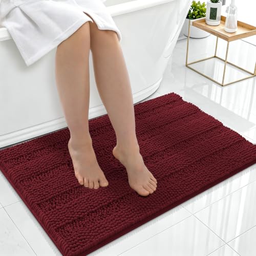 Image of Smiry Thick Chenille Bathroom Rugs 36x24, Extra Absorbent Striped Bath Mat, Machine Washable, Rubber Backing, Bath Rugs for Bathroom, Tub & Shower, Home Decor Accessories, Andorra Red-Brown