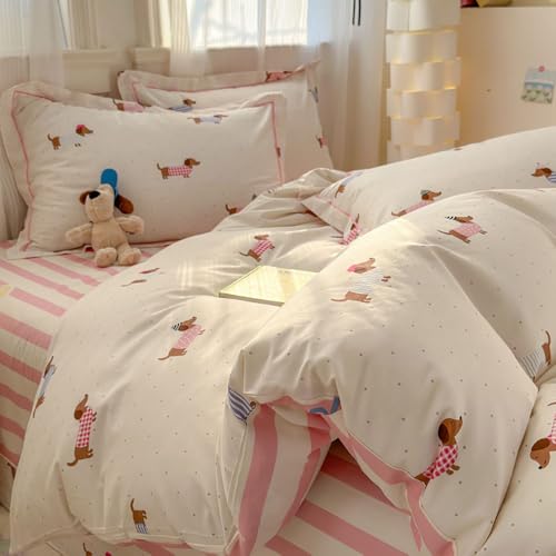 Covebett Dackel Bettwäsche 135x200 Rosa Gestreift mit Dackelmotiv Bettbezug Set 2teilig Weich Microfaser Rosa Streifen Dachshund Hunde Mädchen Deckenbezug und Kissenbezug 80x80 mit Reißverschluss