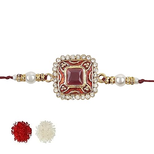 Image of I Jewels Pearl & Meenakari Designer Bhaiya Rakhi With Roli Chawal for Brother /Bro /Men with Rakshabandhan Card