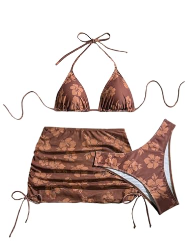 Women's 3 Piece Bikini Sets Floral Triangle Thong Bikini High Cut Swimsuit String Bathing Suit with Cover Up Skirt