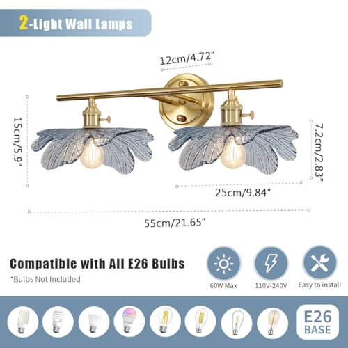 Image of 2 Light Bathroom Vanity Light Gold Brass Wall Sconce with Blue Flower Glass Shade Mid Century Wall Light Vintage Wall Sconce Art Deco Bathroom Lights Over Mirror for Bedroom Hallway Living Room