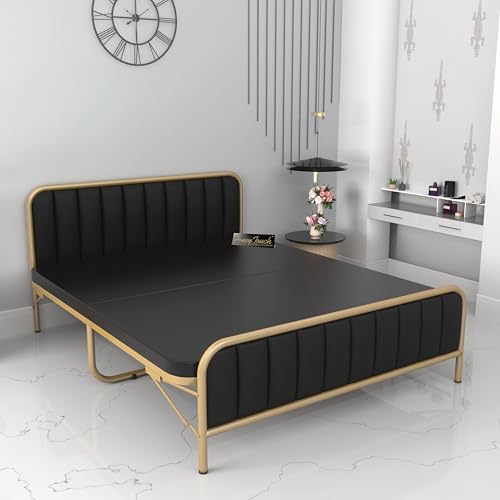 Image of Honey Touch Boston Double Size Bed | with Double Layer Mattress | Cushion Headboard | Folding Bed No Assembly Required | Powder Coated | 4ft x 6.25 |