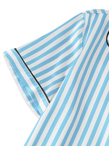 Image of Remidoo Women's Silk Satin Pajama Set Striped Button Up Pjs Short Sleeve Loungewear Blue Large
