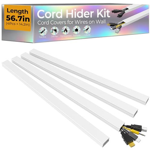 56.7in TV Cord Hider Wall Cord Covers for 2-4 Wires on Wall Self-Adhesive TV Cable Hider Wall Paintable Wire Hider Wire Covers for Cords on Wall TV Cable Management Raceway W0.95 H0.55in White