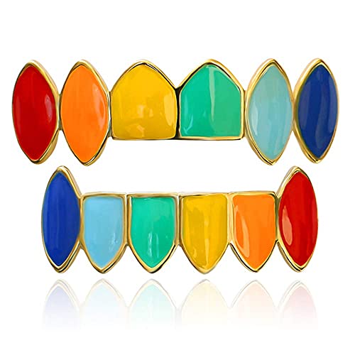 LuReen 14k Gold Rainbow Grillz Vampire Fangs 6 Teeth Top Bottom Set Grills + Extra 2 Molding Bars