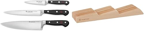 WÜSTHOF Juego clásico de cuchillos de chef de 3 piezas y almacenamiento de cuchillos de 7 ranuras en cajones