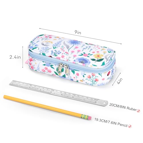 Image of mibasies Girls Pencil Case for Kids, Multi-Slot Pencil Pouch, Floral Sky Blue