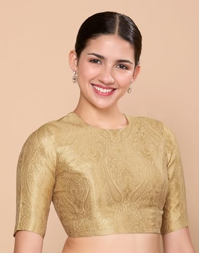 Image of Studio Shringaar Women Brocade Silky Jewel Neck Readymade Elbow Length Sleeve Saree Blouse