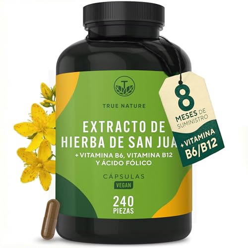 Hipérico Hierba de San Juan Extracto - 5000mg al día - 240 cápsulas - Alta Concentración - con hipericina natural - con vitaminas B6, B12 y ácido fólico - TRUE NATURE®