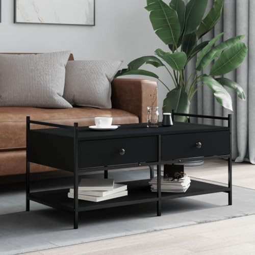 Table basse noire en bois d'ingénierie et métal avec étagère basse