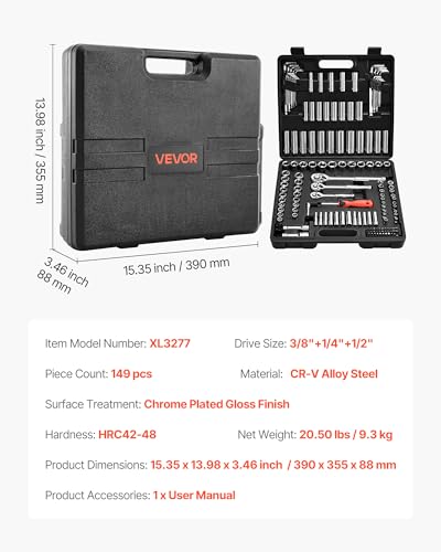 Image of VEVOR Socket Set, 149 Pieces, 3 /8 & 1 /4 & 1 /2 inch Drive Socket and Ratchet Set, SAE and Metric, Deep and Shallow, Mechanic Tool Kit with Bits, Accessories, Storage Case, CR-V Alloy Steel, for Repair