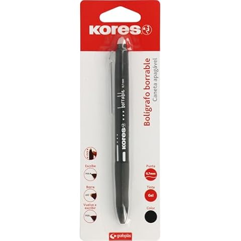 Kores Długopis wymazywalny Czarny BG5 | Tusz żelowy, końcówka 0,7 mm, wysuwany, ergonomiczny uchwyt, brak plam, nie uszkadza papieru, nie pozostawia śladów gumy, doskonały sprzęt szkolny i biurowy