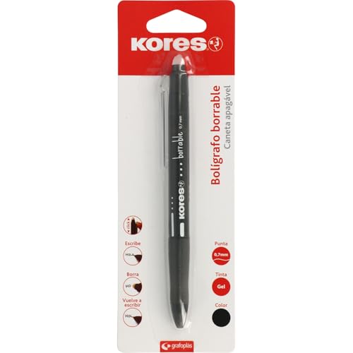 Kores - Bolígrafo Borrable Negro BG5, Tinta Gel, Punta 0,7mm, Retráctil, Grip Ergonómico, No Mancha, No Daña Papel, No Deja Restos de Goma, Perfecto Material Escolar y de Oficina