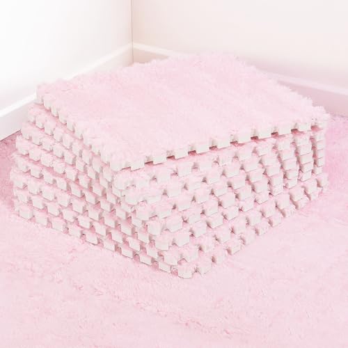 ANPHSIN 12 pcs Thickened Foam Interlocking Floor Mats, Fluffy Plush Mats for Baby with Edgings, Soft Anti-Slip Puzzle Area Rug Playmat, Square Tiles Room Flat (11.8 in, Pink)