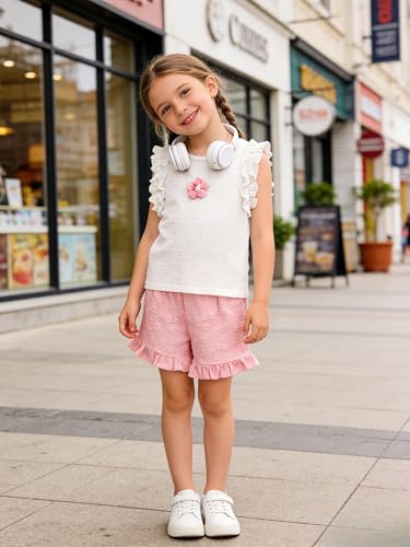 Image of Ayzozuy Kid Girl Clothes Shorts Set 2 Piece Outfits Summer Casual Short Sleeve Top and Shorts Set for Girls 4-7