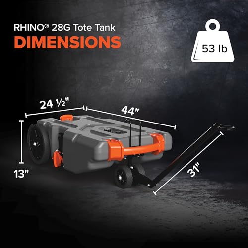 Camco Rhino 28-Gallon Portable Camper/RV Tote Tank | Features 2 Steerable No-Flat Front Wheels & Built-In Gate Valve | Includes Removable 24" Tow Bar, 3’ Sewer Hose & More RV Accessories (39005)