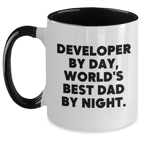 Developer By Day, World's Best Dad By Night. Funny Two Tone Coffee Mug, Gifts from Dad to Developer, Birthday Unique Gifts for Developer