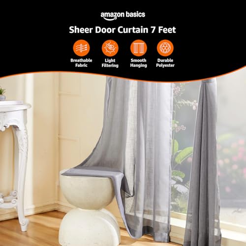 Image of Amazon Basics - Sheer Door Curtains | Light Filtering | 7 Feet | Set of 2 | Plain Design | for Living Room, Bedroom & Balcony | 115 cm x 210cm, Color - Grey