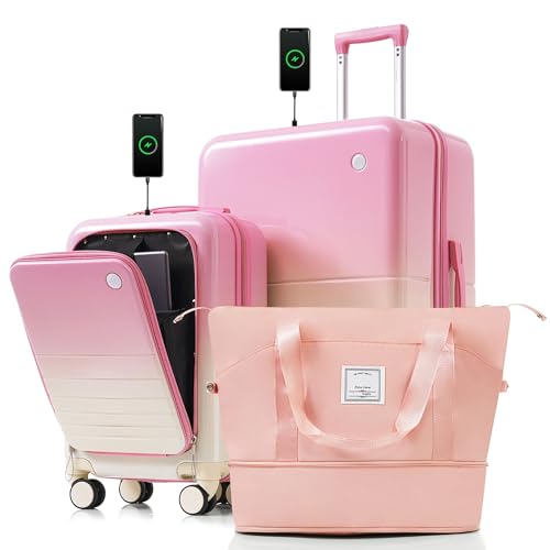3-Piece Pink Luggage Set with Front-Opening Carry-On, Expandable Travel Bag & USB Port - Lightweight & Durable Suitcases for Travel