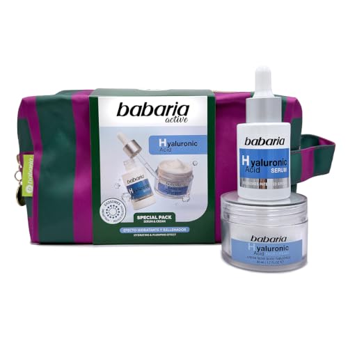 Babaria Pack Regalo Ácido Hialurónico, Sérum y Crema Facial Hidratante | Efecto rellenador, Exosomes Patented System, Colección de temporada, Sérum 30ml + Crema 50ml, Neceser