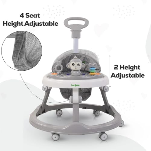 Image of Baybee Drono Pro Baby Walker for Kids with Push Handle, 4-Level Height Adjustment, Musical Toy Bar| Round Activity Walker for Babies 6-18 Months (Grey)