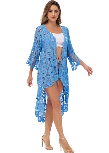 Image of Anna-Kaci Women's Crochet Long Vest Boho Short Sleeve Kimono Cardigan Swimwear Cover up