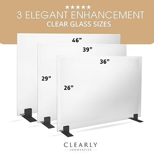 Image of Tempered Glass Fireplace Screen, 29 inch x 39 inch, Black Base, Modern Frameless