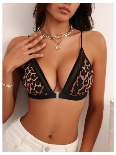 SOLY HUX Sutiã feminino sexy com decote V profundo na frente, fechado, sem fio, leopardo, sutiã, rou