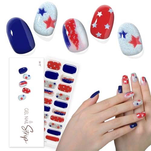 XT Semi Cured Gel Nail Strips 20 Pcs 4th of July Independence Day Patriotic Nail Stickers Wraps Work with UV Light (Nation Pride 031)