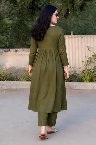 Image of ANILINE Women's V-Neck, Button Front, three-quarter sleeves, Anarkali shape, Empire Waist, Pleated Design Kurta With Pant