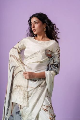 Image of Designer White Silk Crepe Saree with Digital Print Tiger Pattern, 6.30 Meter Length, With Blouse Piece