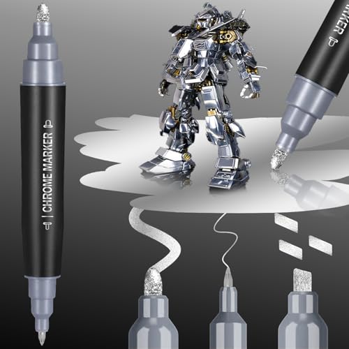 COORIART 1PK Dual Tip Liquid Chrome Marker Permanent Mirror Chrome Paint Pen for Plastic Metal Model Painting Touch Up & Repair Kit 2 Tips (0.7mm & 3mm Reversible Tip)