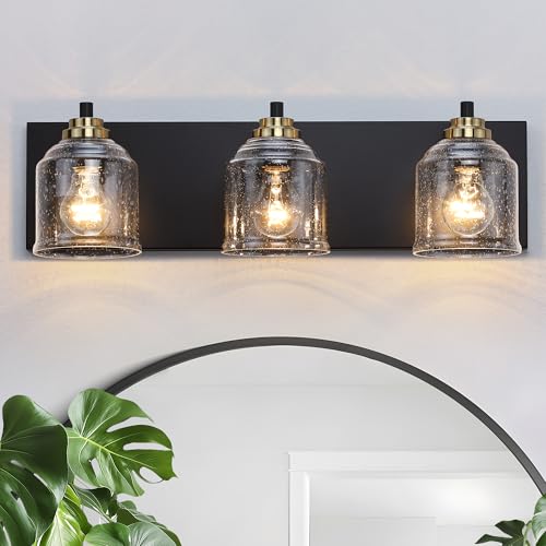 Image of Vanity Lights for Bathroom Large 23 inch, Farmhouse Rustic Vanity Light with Bubble Glass Shades, Black and Gold 3 Light Bathroom Lighting Fixtures Over Mirror, Bath Wall Sconce Home Decor